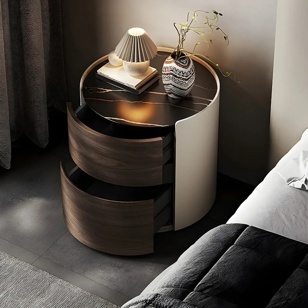 Modern Slate Countertop Round 2-Drawer Nightstand