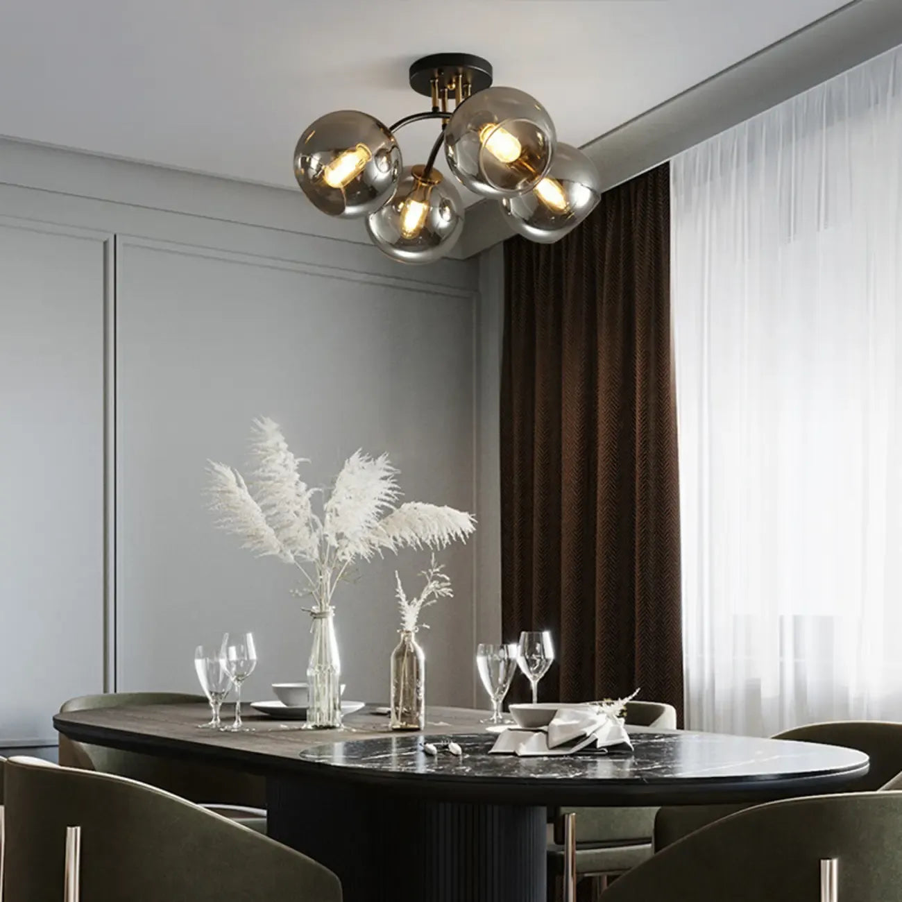 Modern Smoke Grey Glass Sphere Semi Flush Ceiling Light