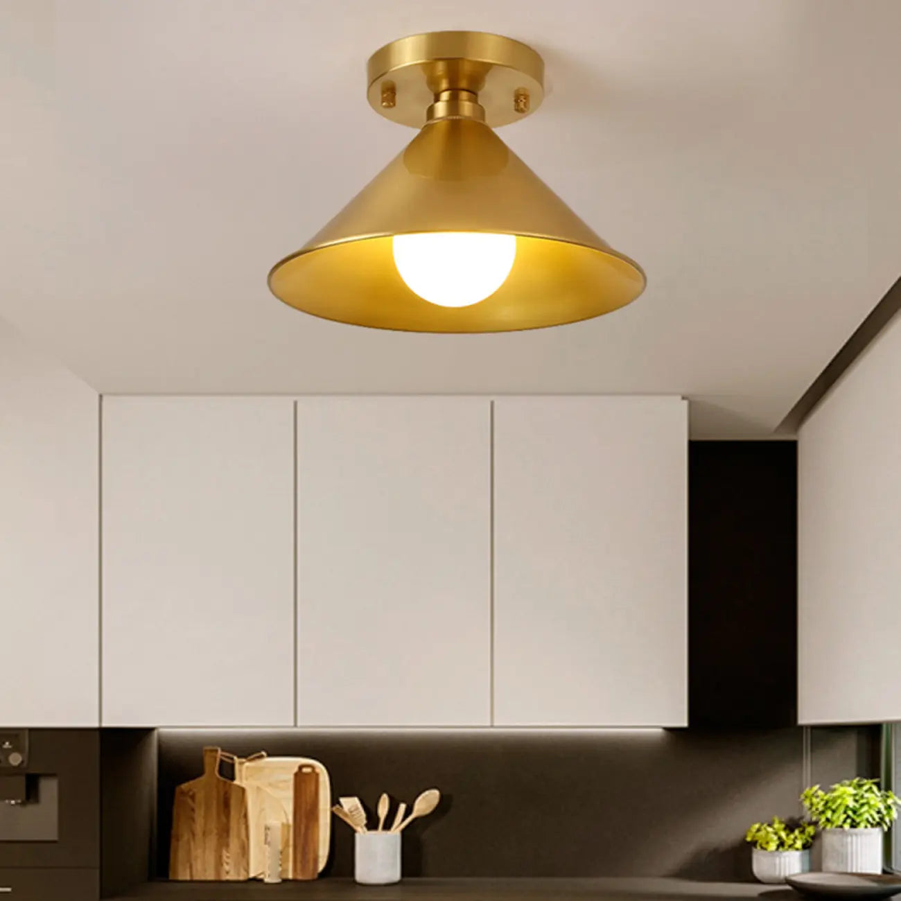 Minimalist Golden Cone Copper Semi Flush Ceiling Light