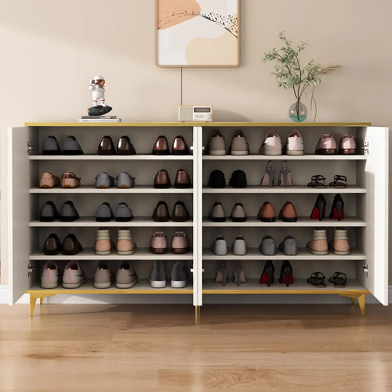 Trendy Grey Wood Hallway Shoe Cabinet with Gold Legs
