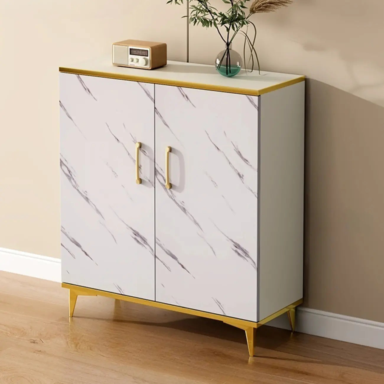 Trendy Grey Wood Hallway Shoe Cabinet with Gold Legs
