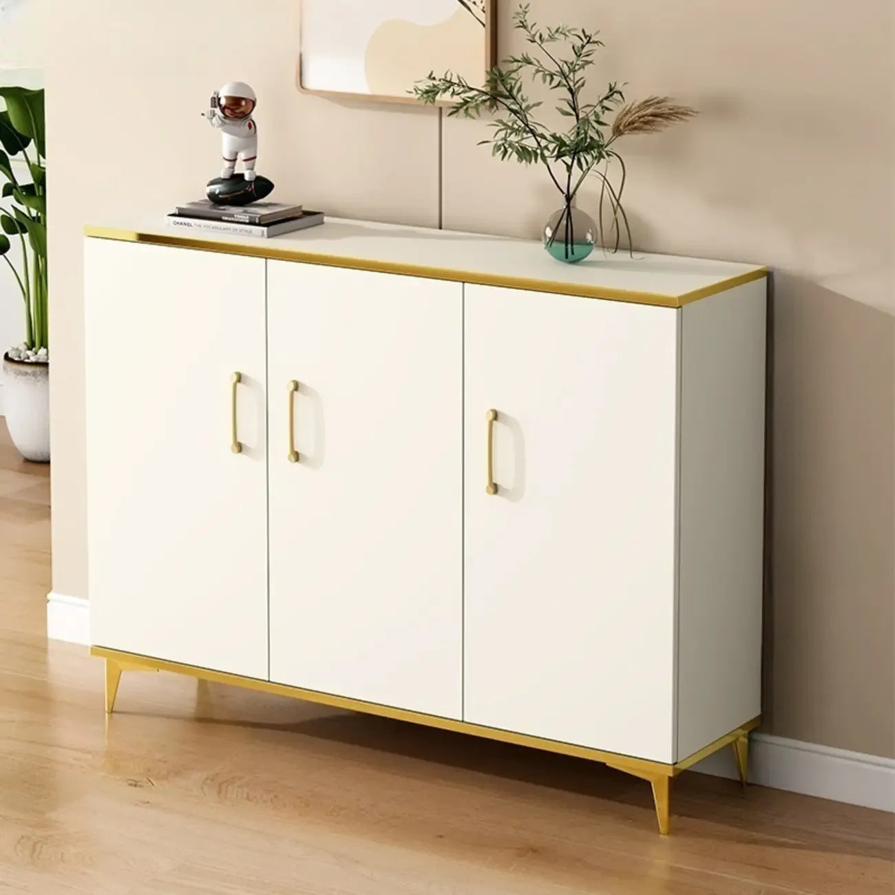 Trendy Grey Wood Hallway Shoe Cabinet with Gold Legs