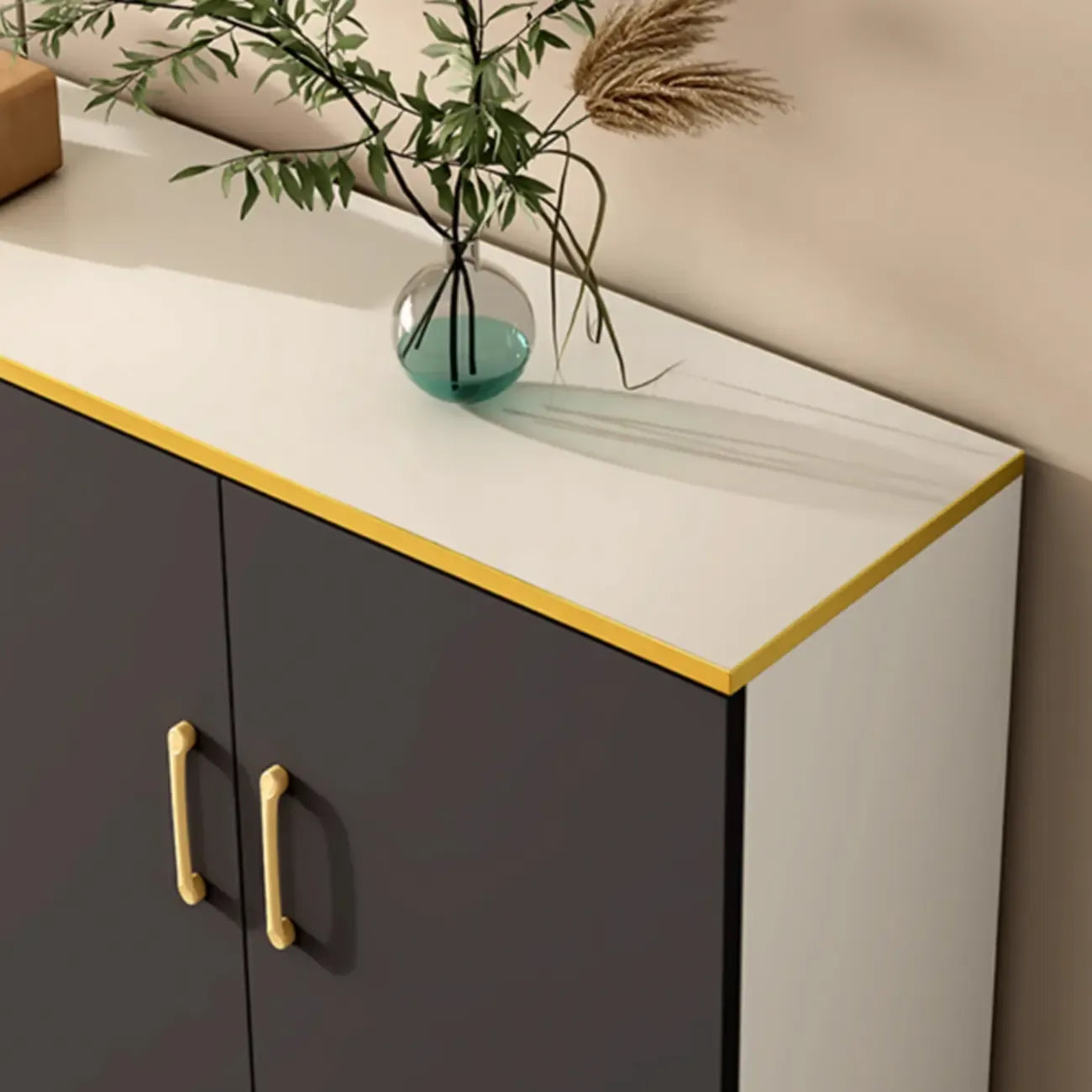 Trendy Grey Wood Hallway Shoe Cabinet with Gold Legs