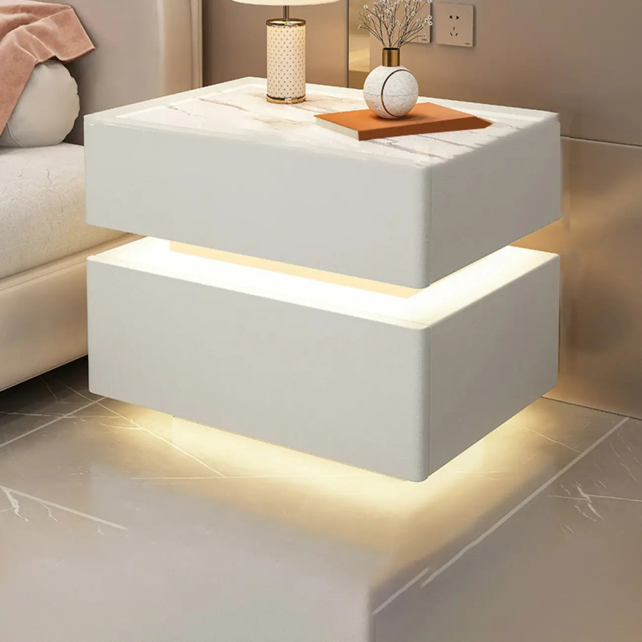 LED 2-Tier White Wooden Floating Nightstand with Drawer