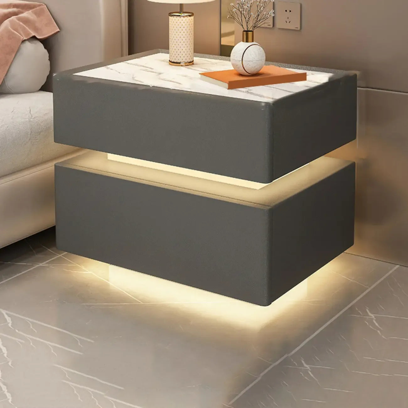 LED 2-Tier White Wooden Floating Nightstand with Drawer