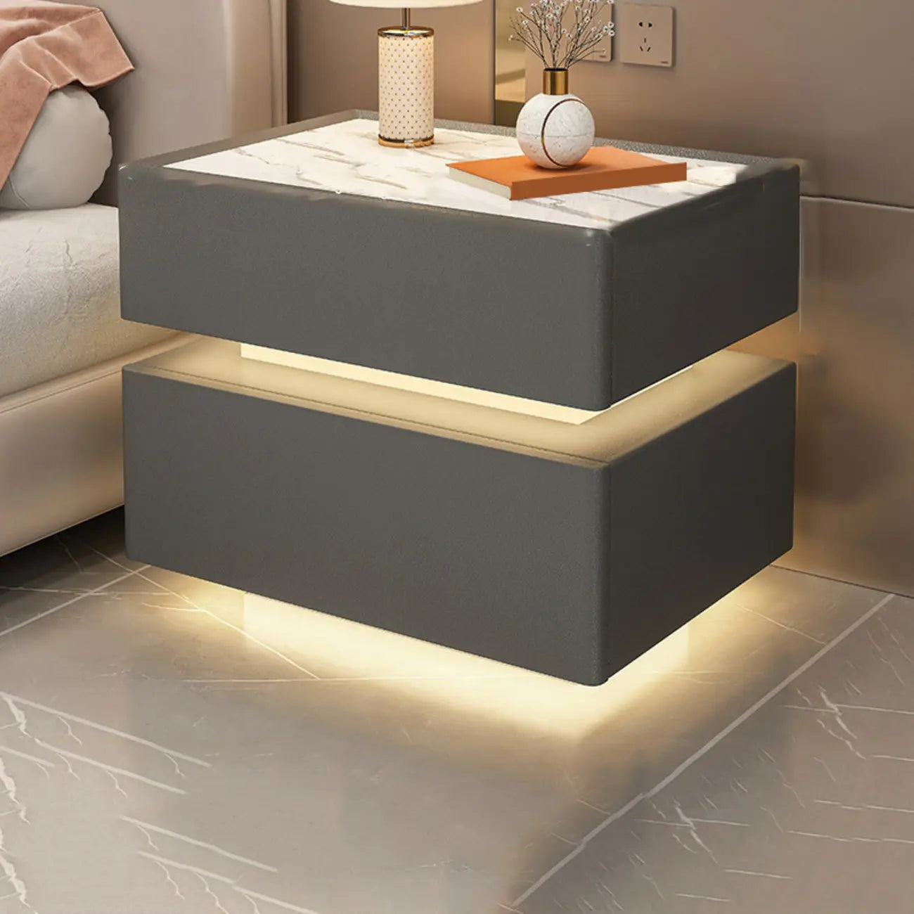 LED 2-Tier White Wooden Floating Nightstand with Drawer