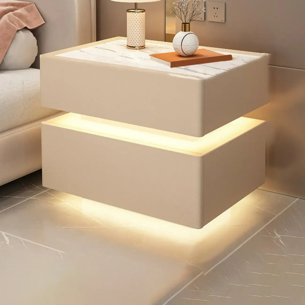LED 2-Tier White Wooden Floating Nightstand with Drawer