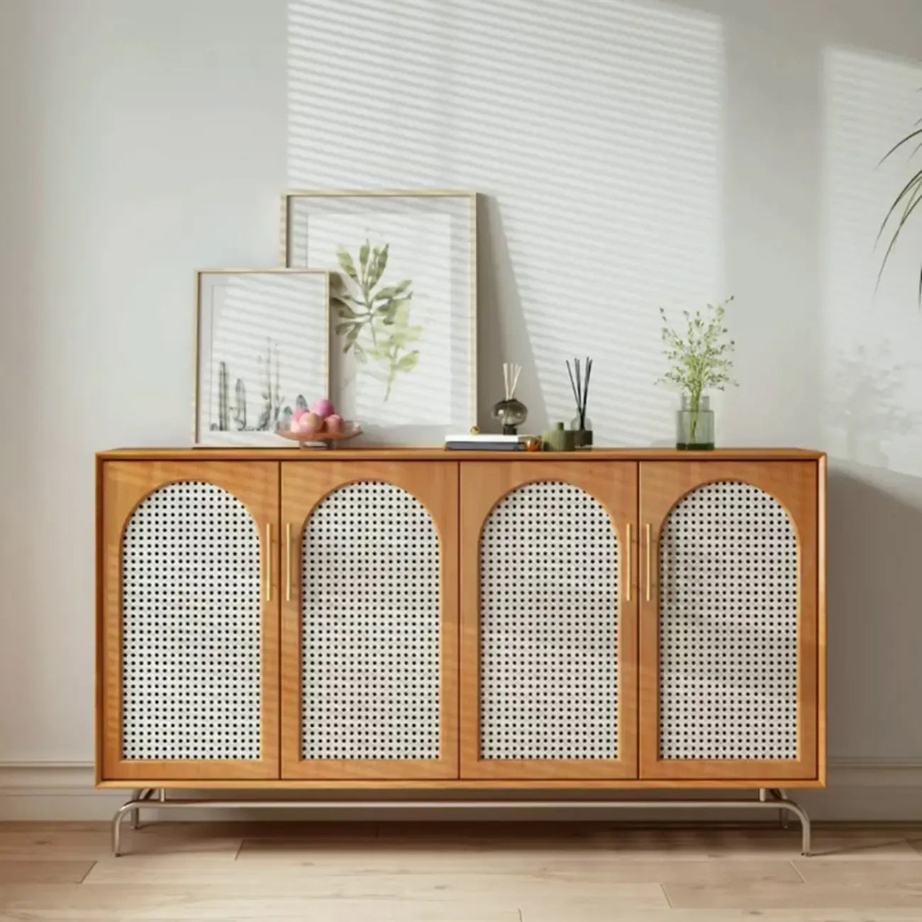 Modern Black Wood Woven Front Storage Cabinet for Living Room