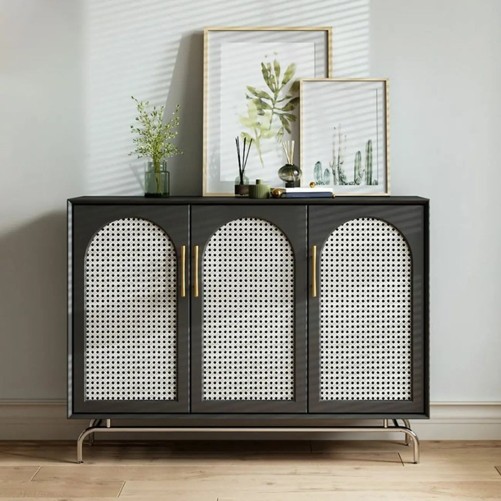 Modern Black Wood Woven Front Storage Cabinet for Living Room