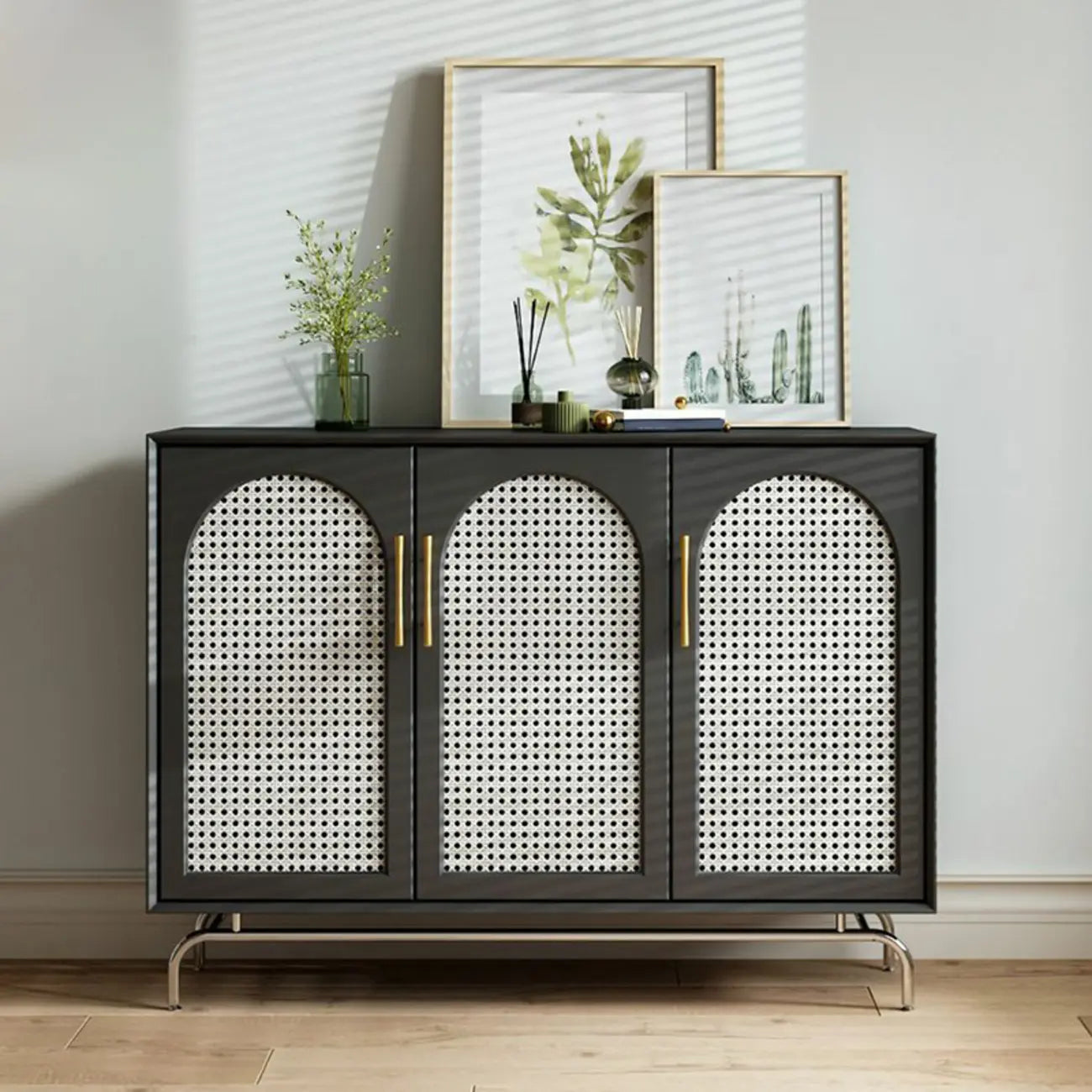 Modern Black Wood Woven Front Storage Cabinet for Living Room