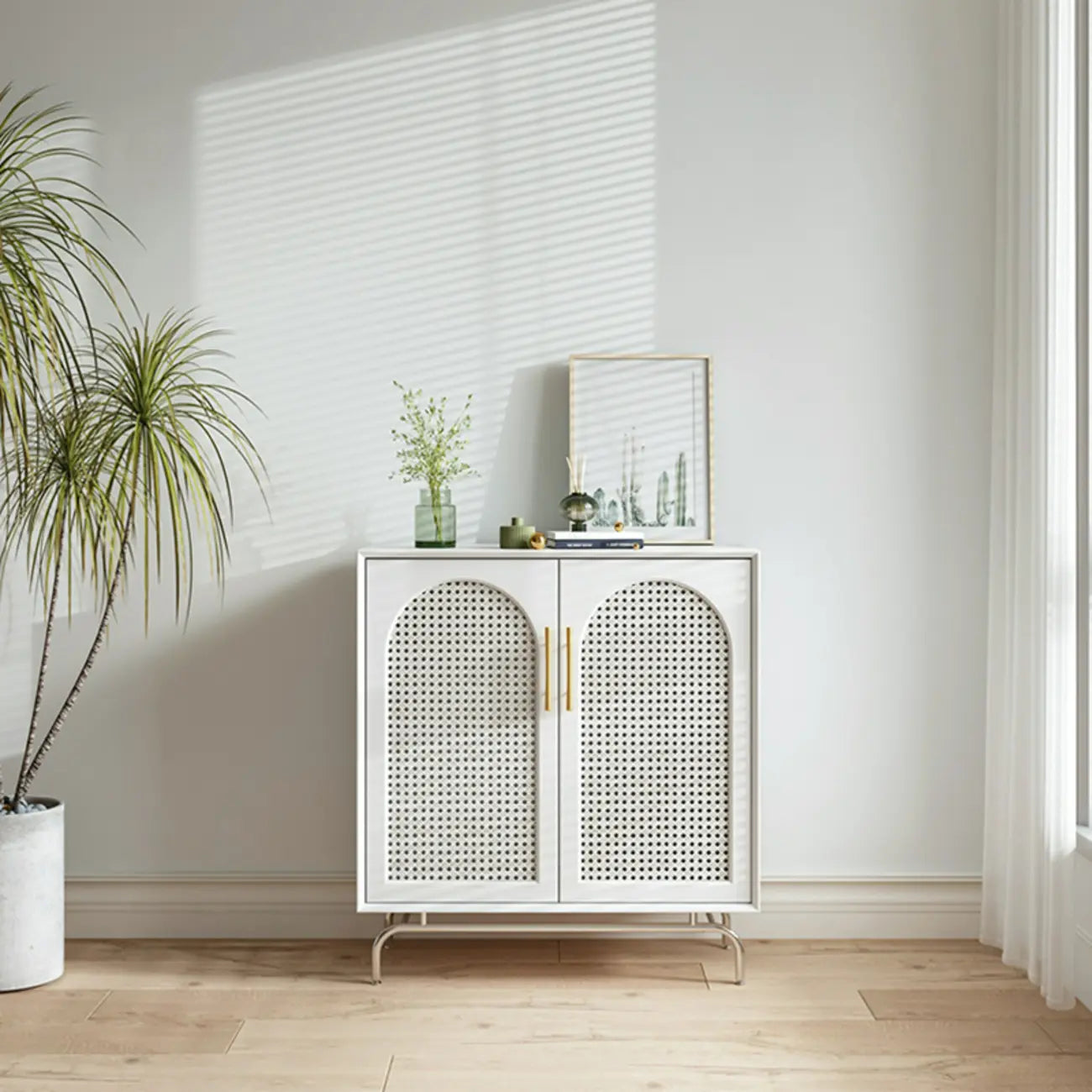 Modern Black Wood Woven Front Storage Cabinet for Living Room