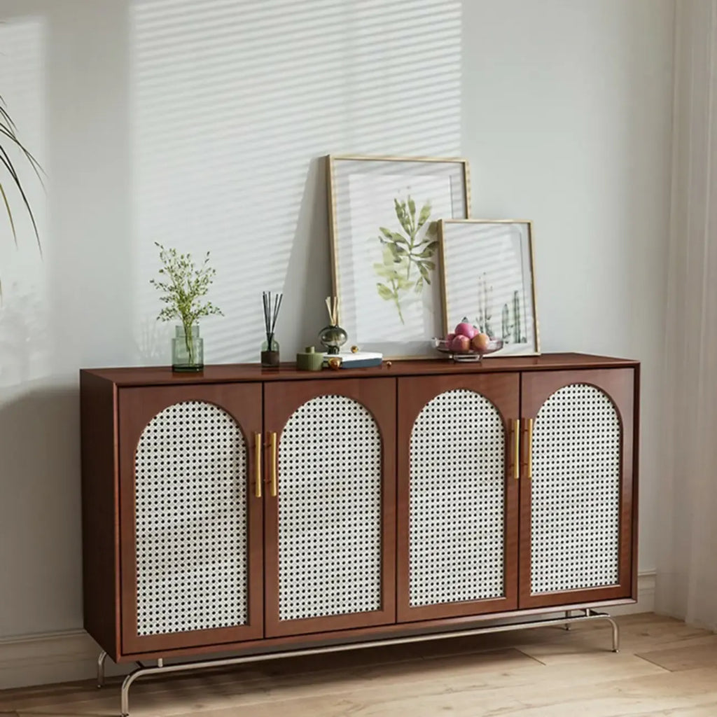Modern Black Wood Woven Front Storage Cabinet for Living Room