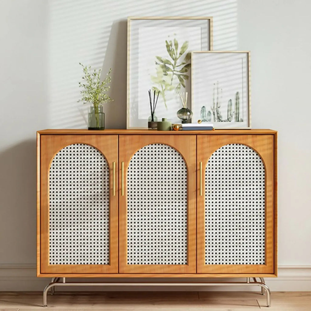 Modern Black Wood Woven Front Storage Cabinet for Living Room