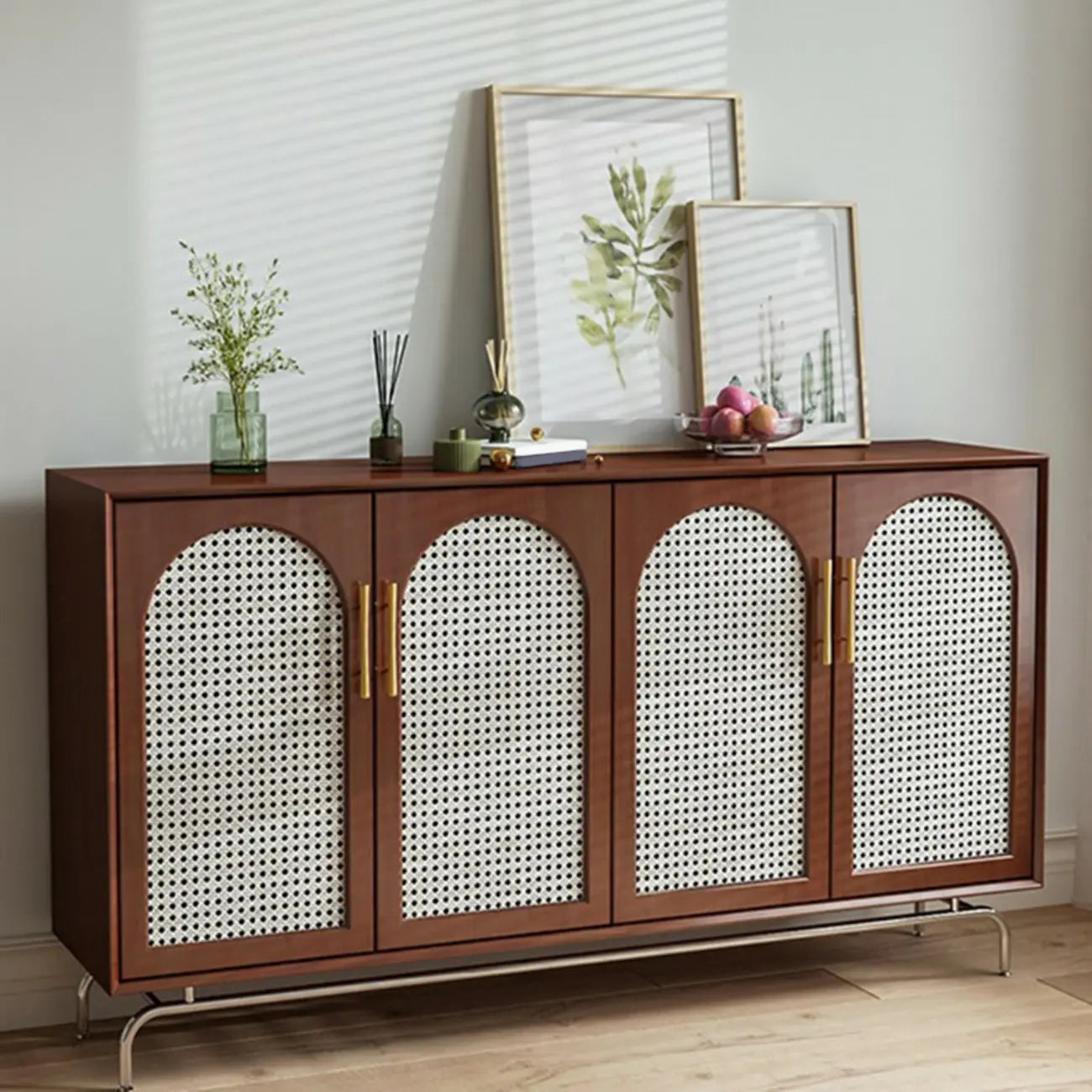 Modern Black Wood Woven Front Storage Cabinet for Living Room