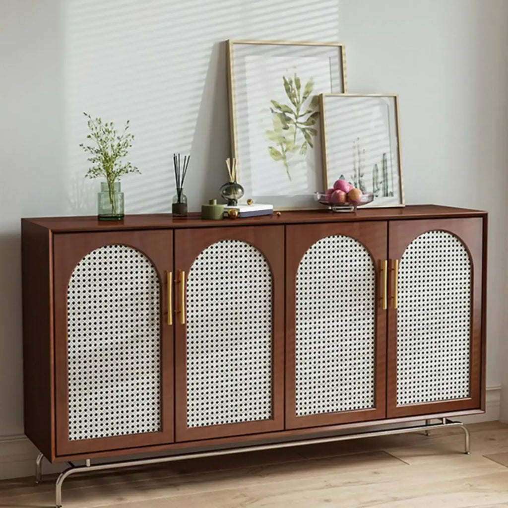 Modern Black Wood Woven Front Storage Cabinet for Living Room