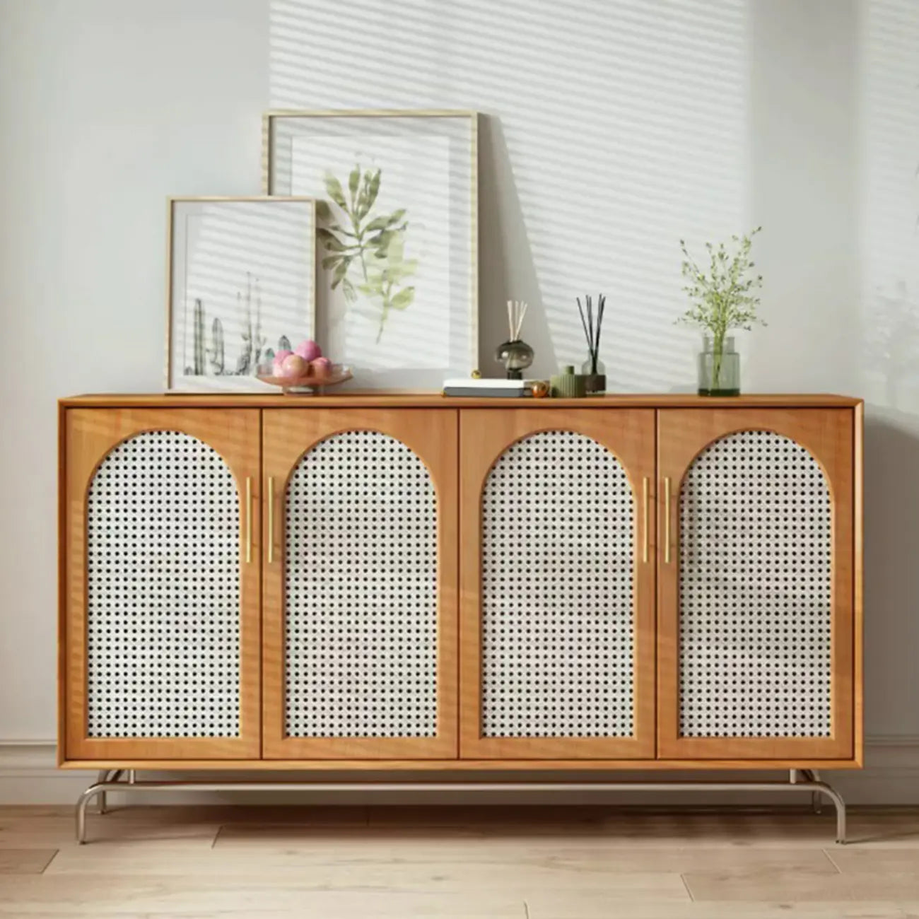 Modern Black Wood Woven Front Storage Cabinet for Living Room