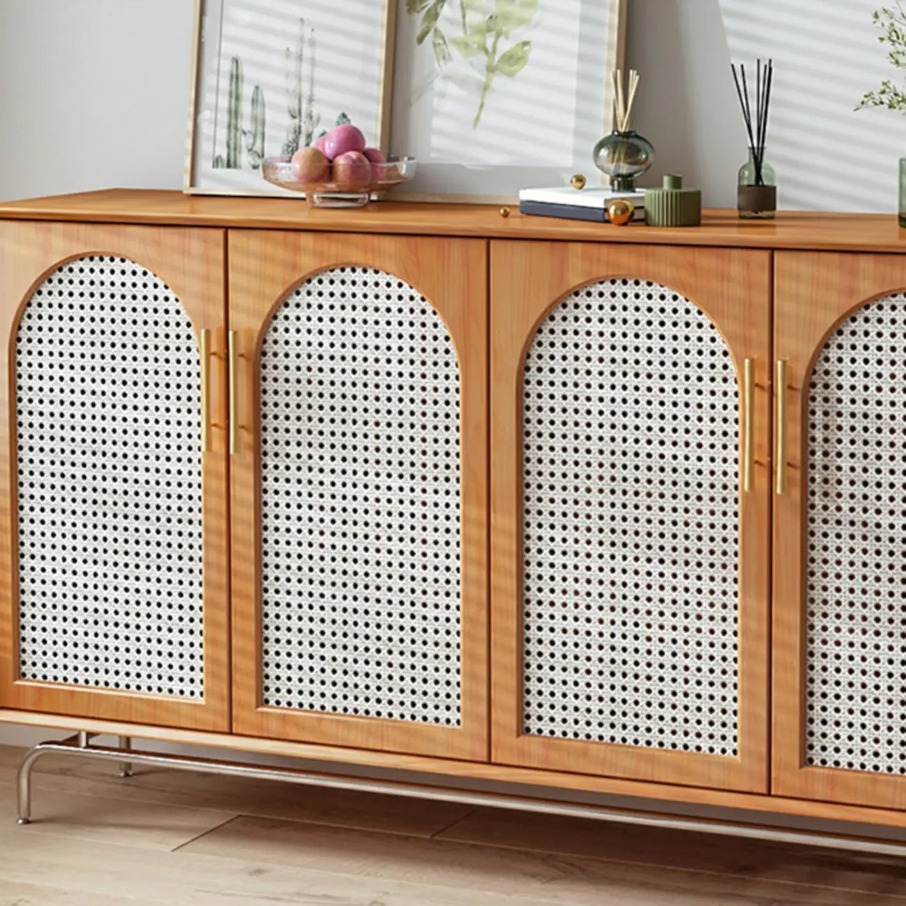 Modern Black Wood Woven Front Storage Cabinet for Living Room