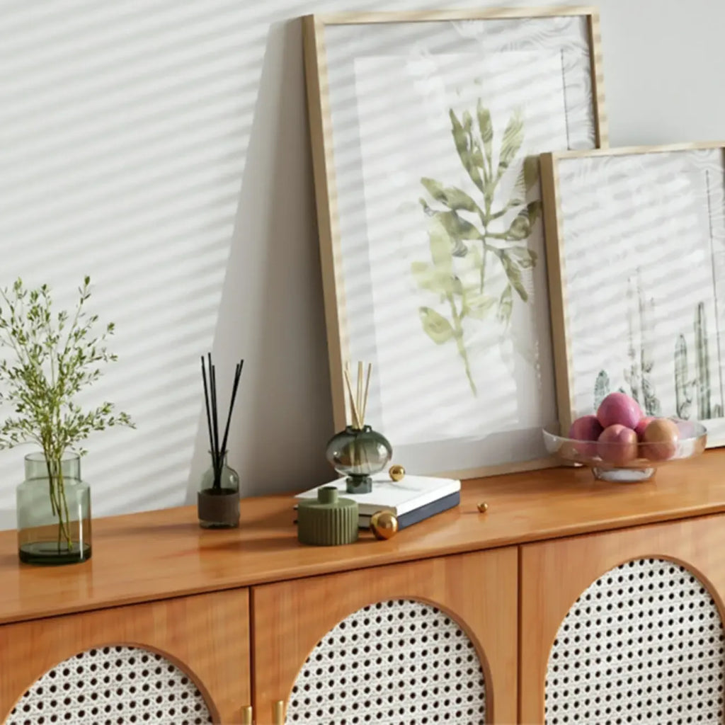 Modern Black Wood Woven Front Storage Cabinet for Living Room