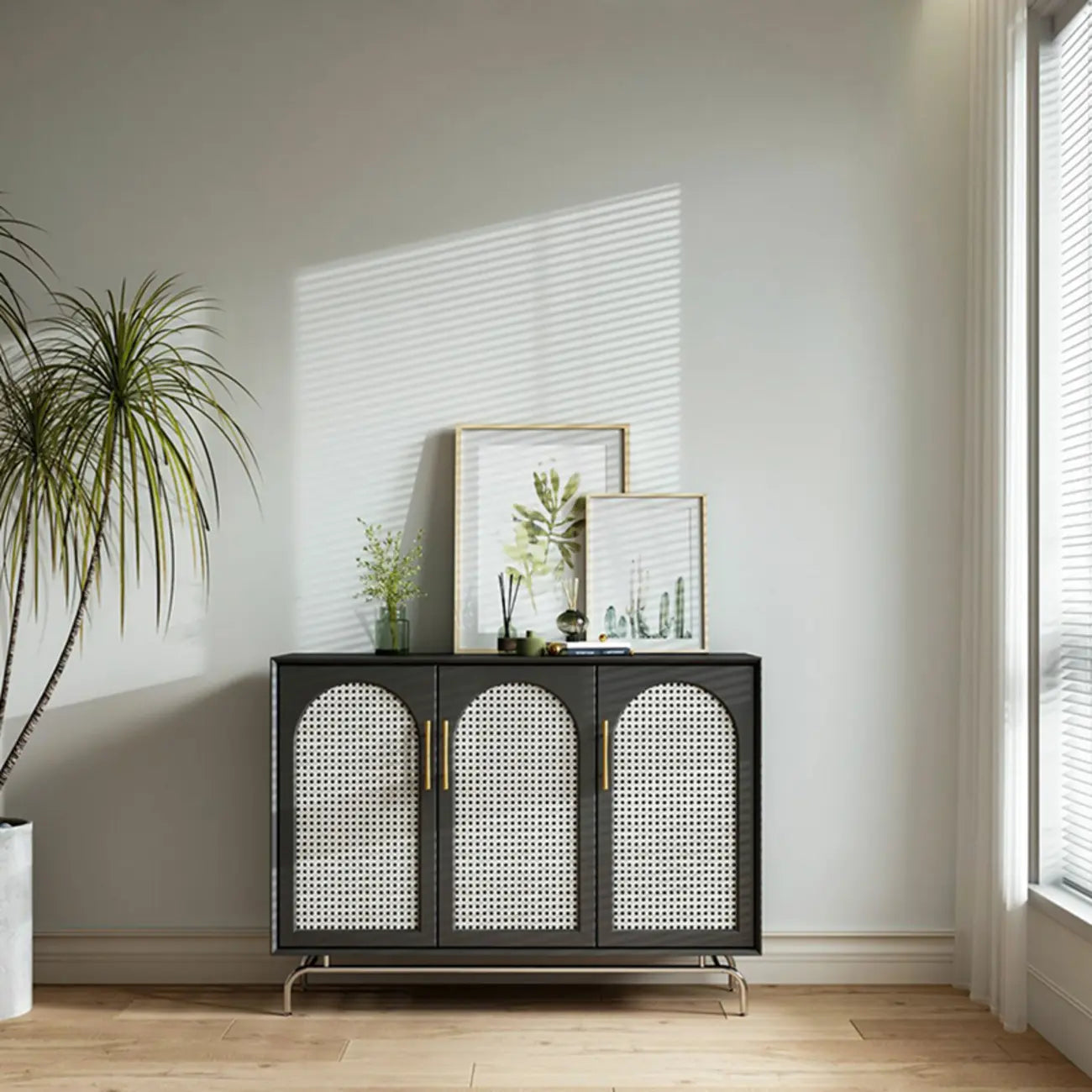 Modern Black Wood Woven Front Storage Cabinet for Living Room