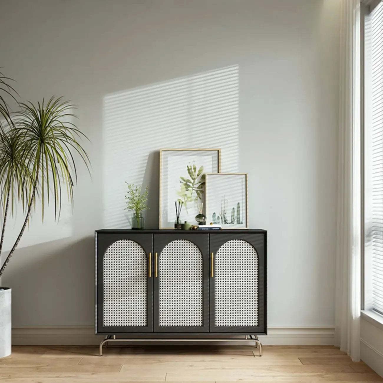 Modern Black Wood Woven Front Storage Cabinet for Living Room