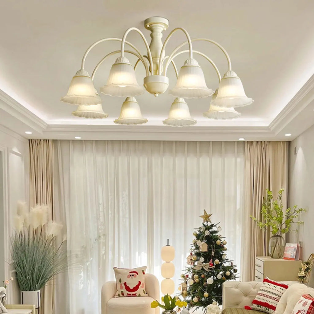 Beige Vintage Down Frosted Bell Glass Semi Flush Ceiling Light