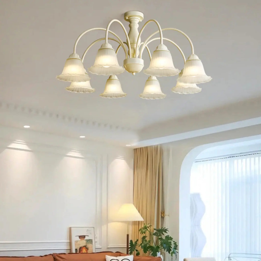 Beige Vintage Down Frosted Bell Glass Semi Flush Ceiling Light