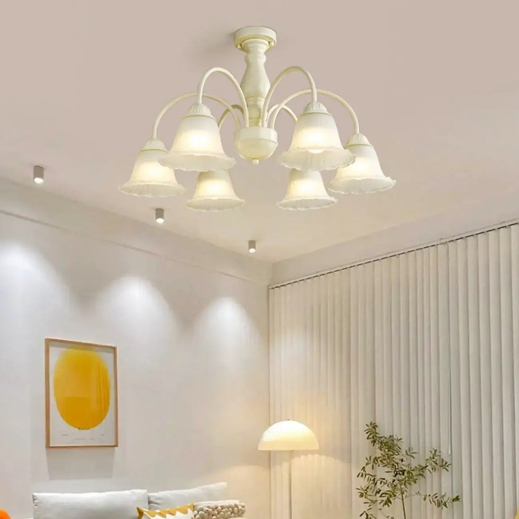 Beige Vintage Down Frosted Bell Glass Semi Flush Ceiling Light