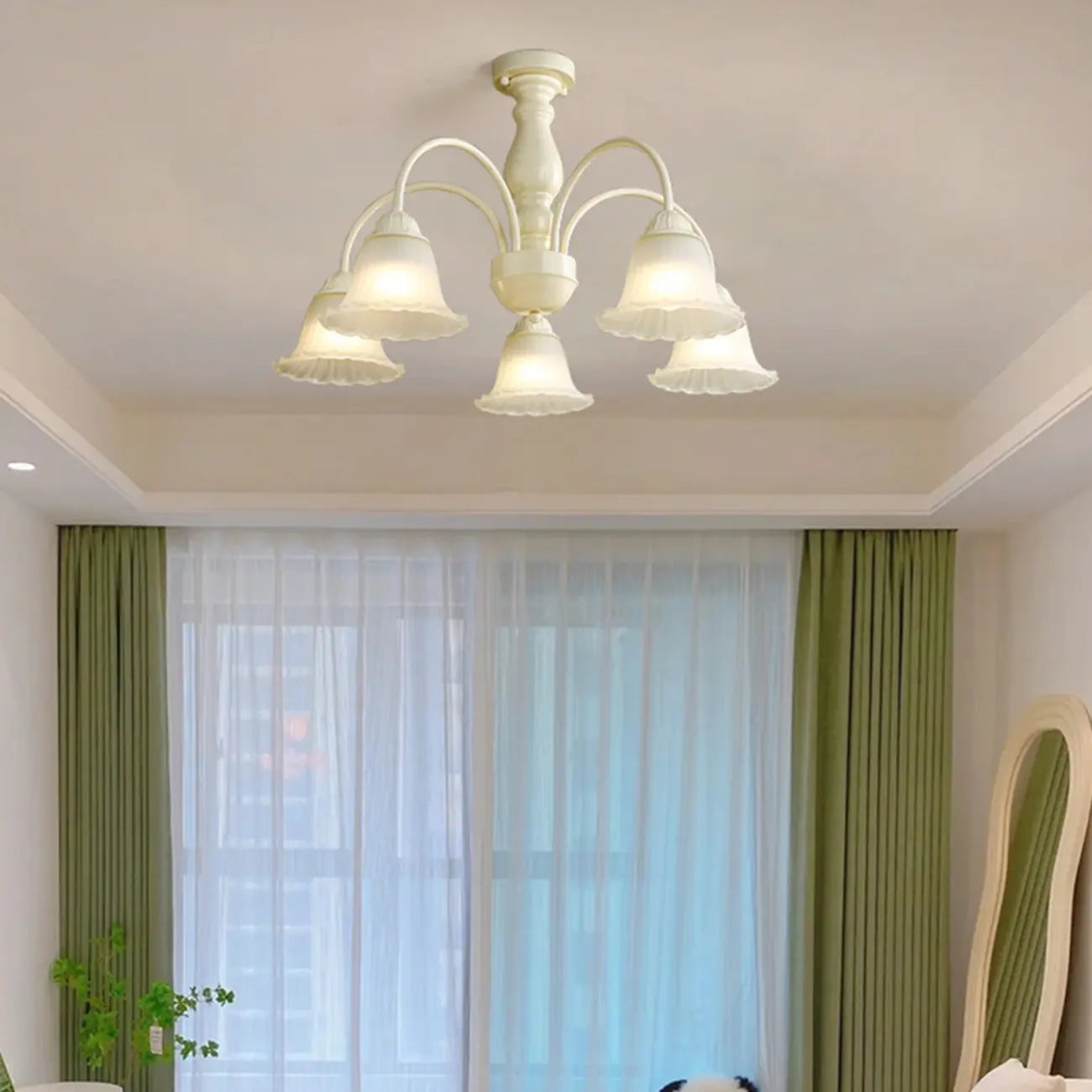 Beige Vintage Down Frosted Bell Glass Semi Flush Ceiling Light