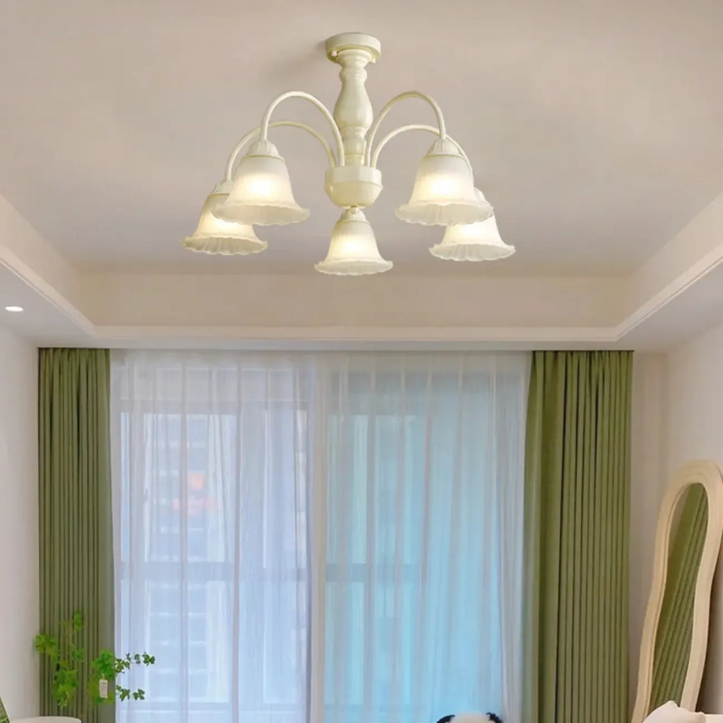 Beige Vintage Down Frosted Bell Glass Semi Flush Ceiling Light