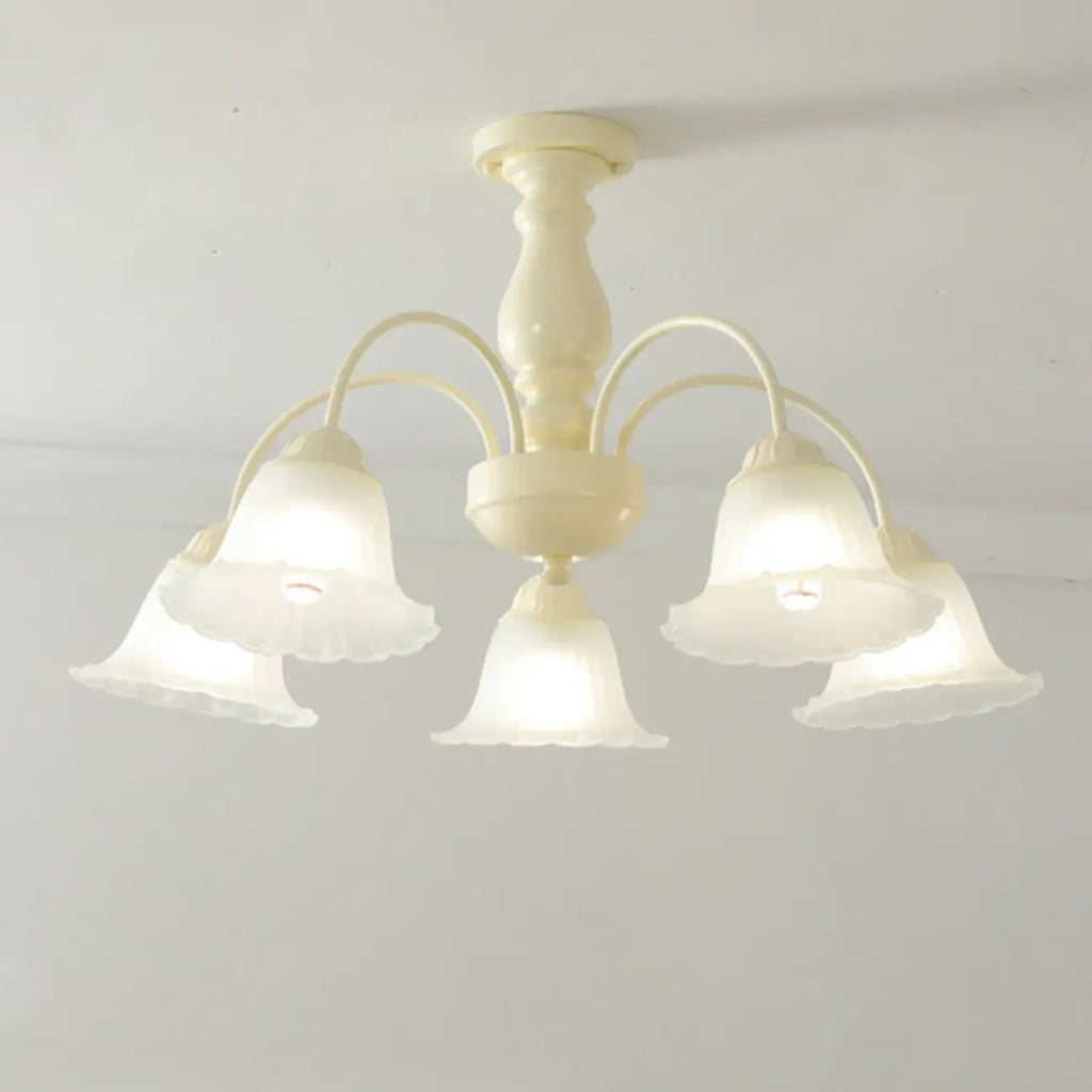Beige Vintage Down Frosted Bell Glass Semi Flush Ceiling Light
