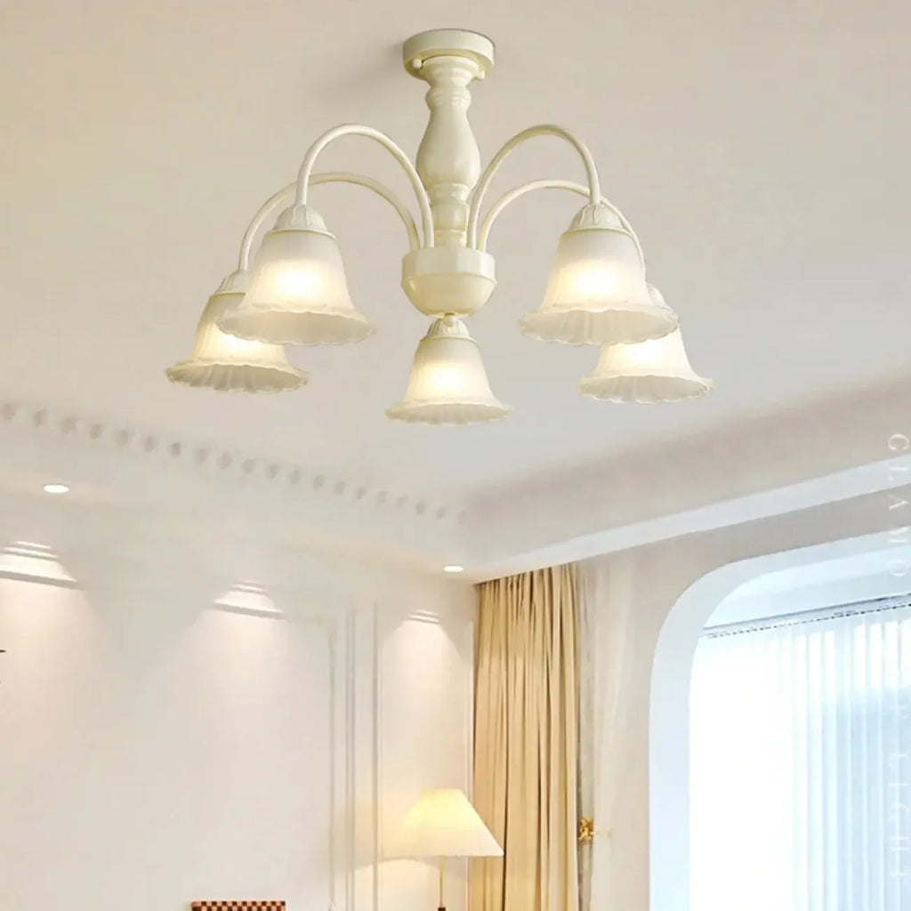 Beige Vintage Down Frosted Bell Glass Semi Flush Ceiling Light