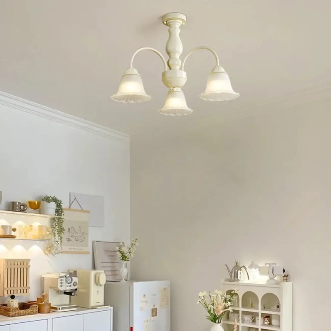 Beige Vintage Down Frosted Bell Glass Semi Flush Ceiling Light