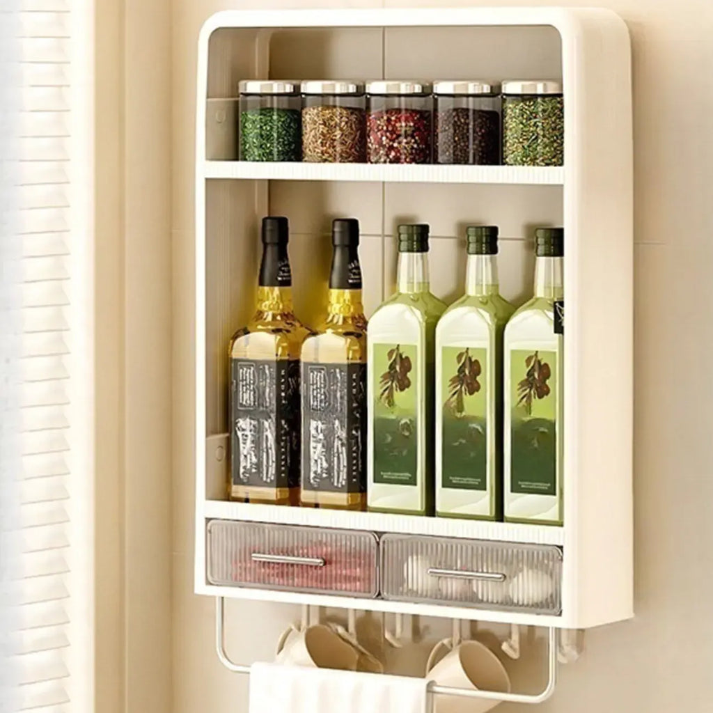 Kitchen Plastic Wall-Mounted Storage Racks with Hooks & Drawer