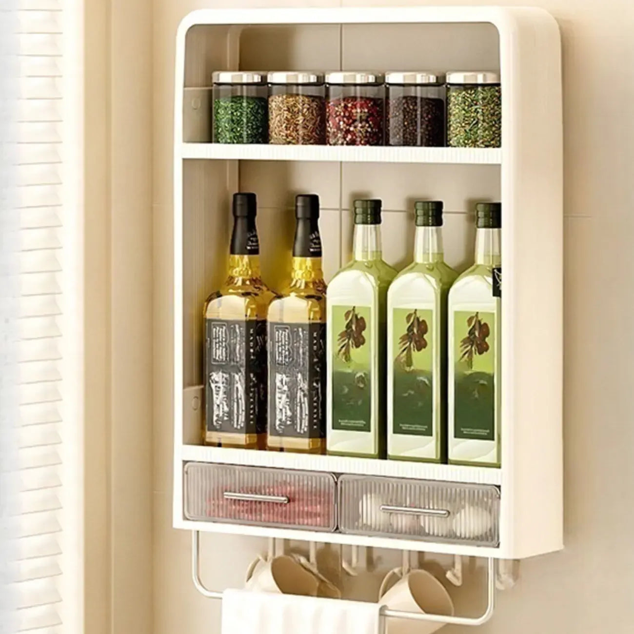 Kitchen Plastic Wall-Mounted Storage Racks with Hooks & Drawer