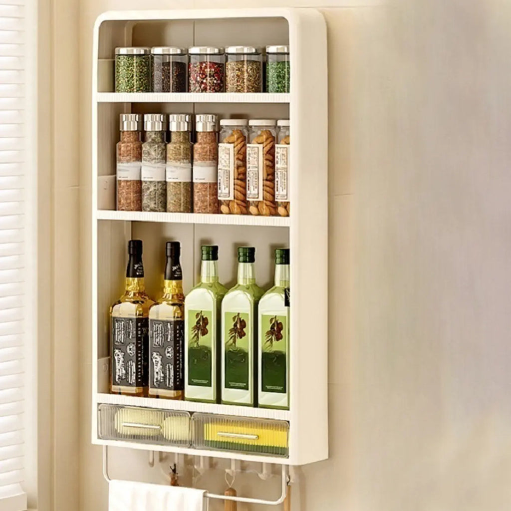 Kitchen Plastic Wall-Mounted Storage Racks with Hooks & Drawer
