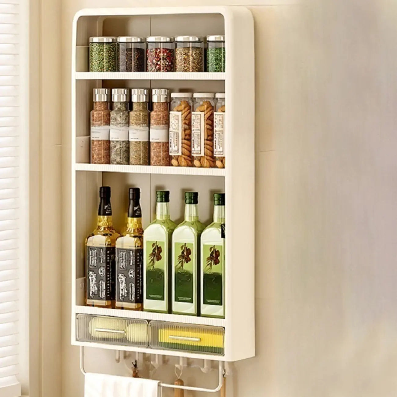 Kitchen Plastic Wall-Mounted Storage Racks with Hooks & Drawer