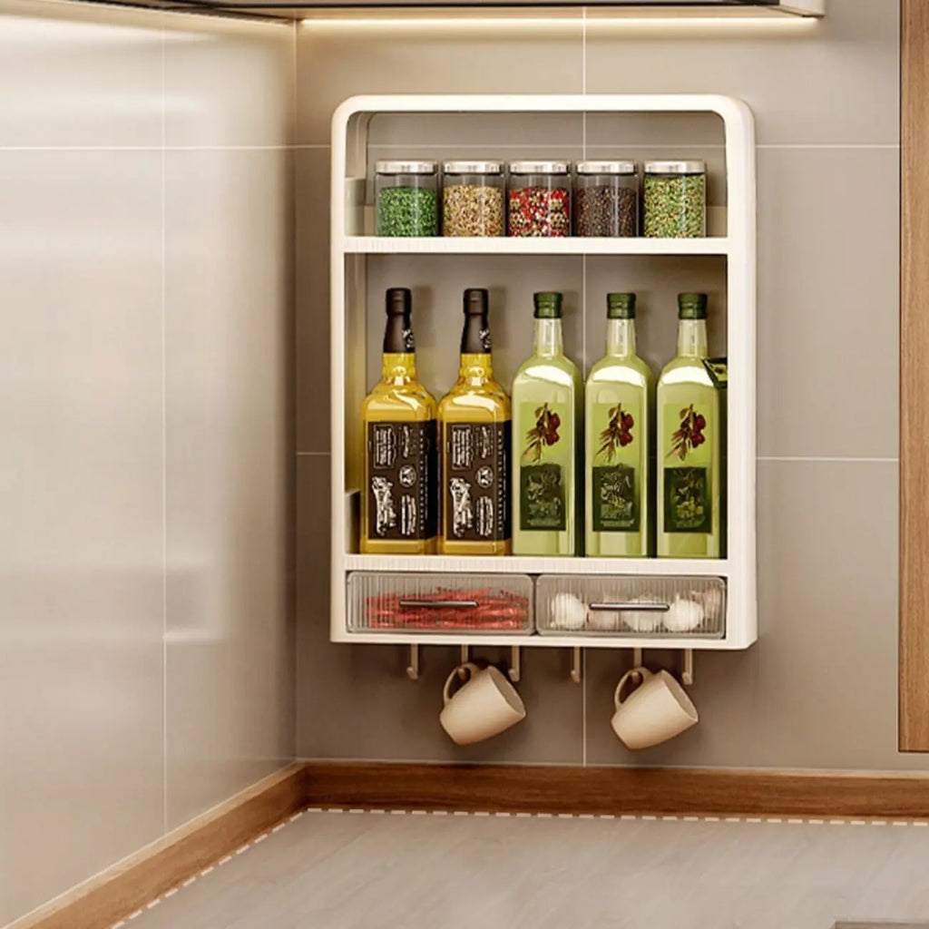 Kitchen Plastic Wall-Mounted Storage Racks with Hooks & Drawer