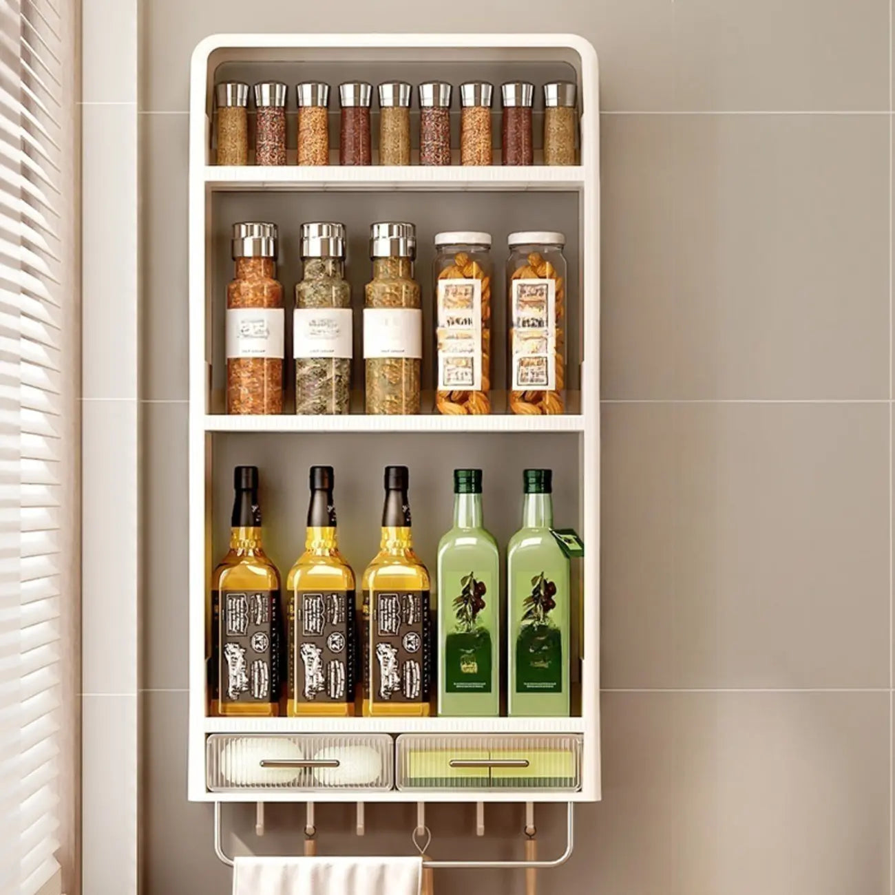 Kitchen Plastic Wall-Mounted Storage Racks with Hooks & Drawer