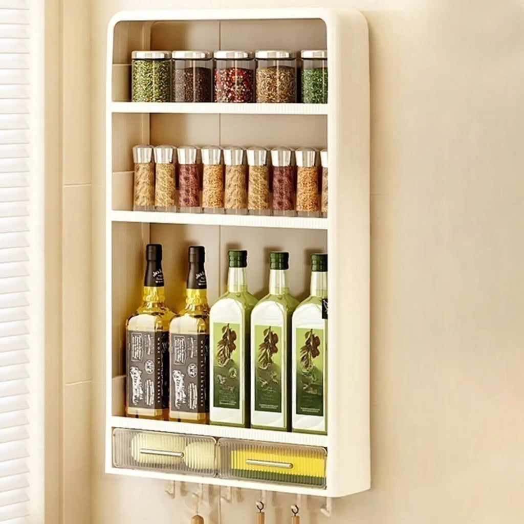 Kitchen Plastic Wall-Mounted Storage Racks with Hooks & Drawer