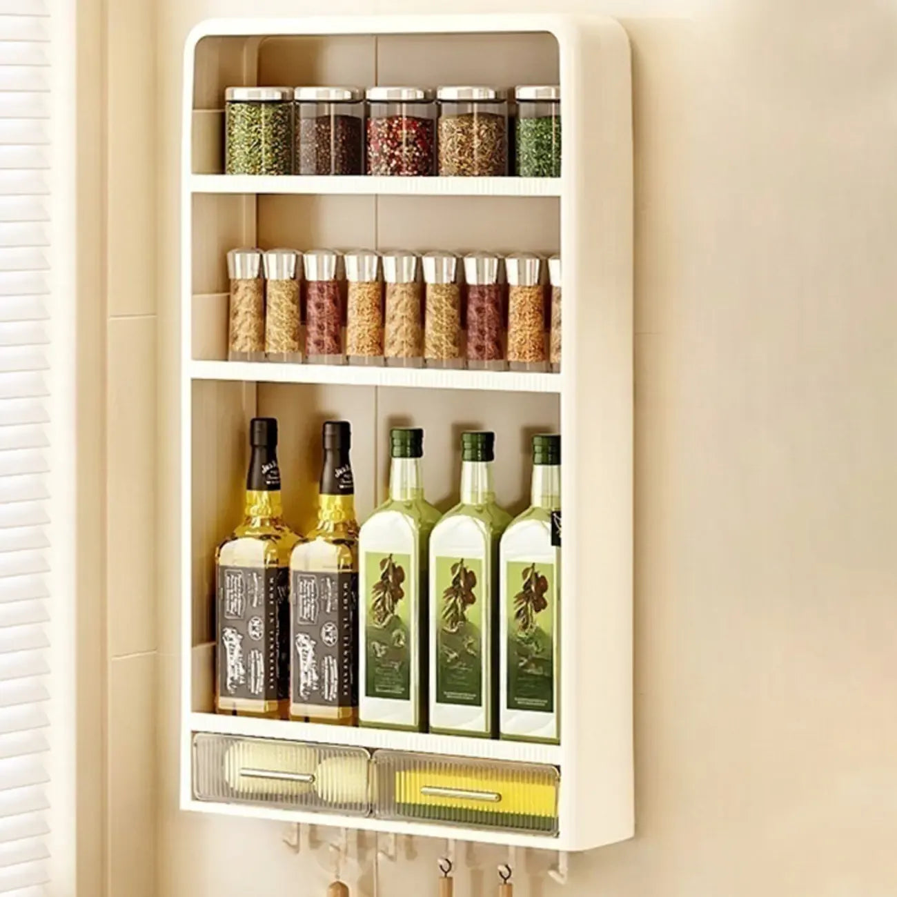 Kitchen Plastic Wall-Mounted Storage Racks with Hooks & Drawer