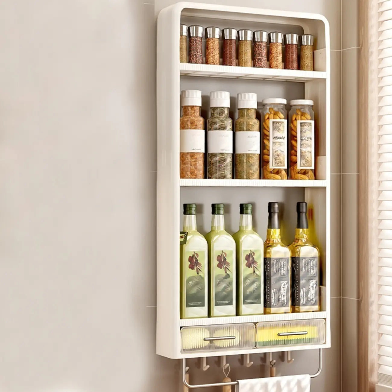 Kitchen Plastic Wall-Mounted Storage Racks with Hooks & Drawer