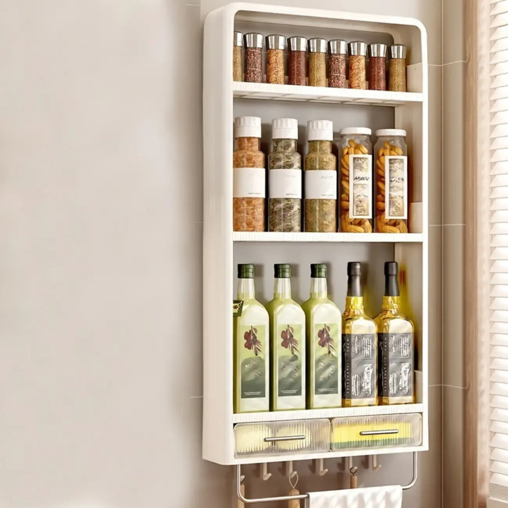 Kitchen Plastic Wall-Mounted Storage Racks with Hooks & Drawer