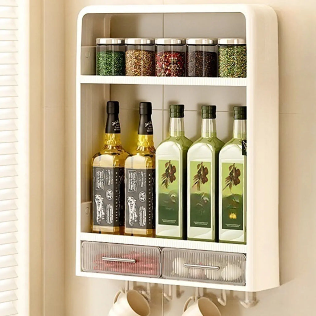 Kitchen Plastic Wall-Mounted Storage Racks with Hooks & Drawer