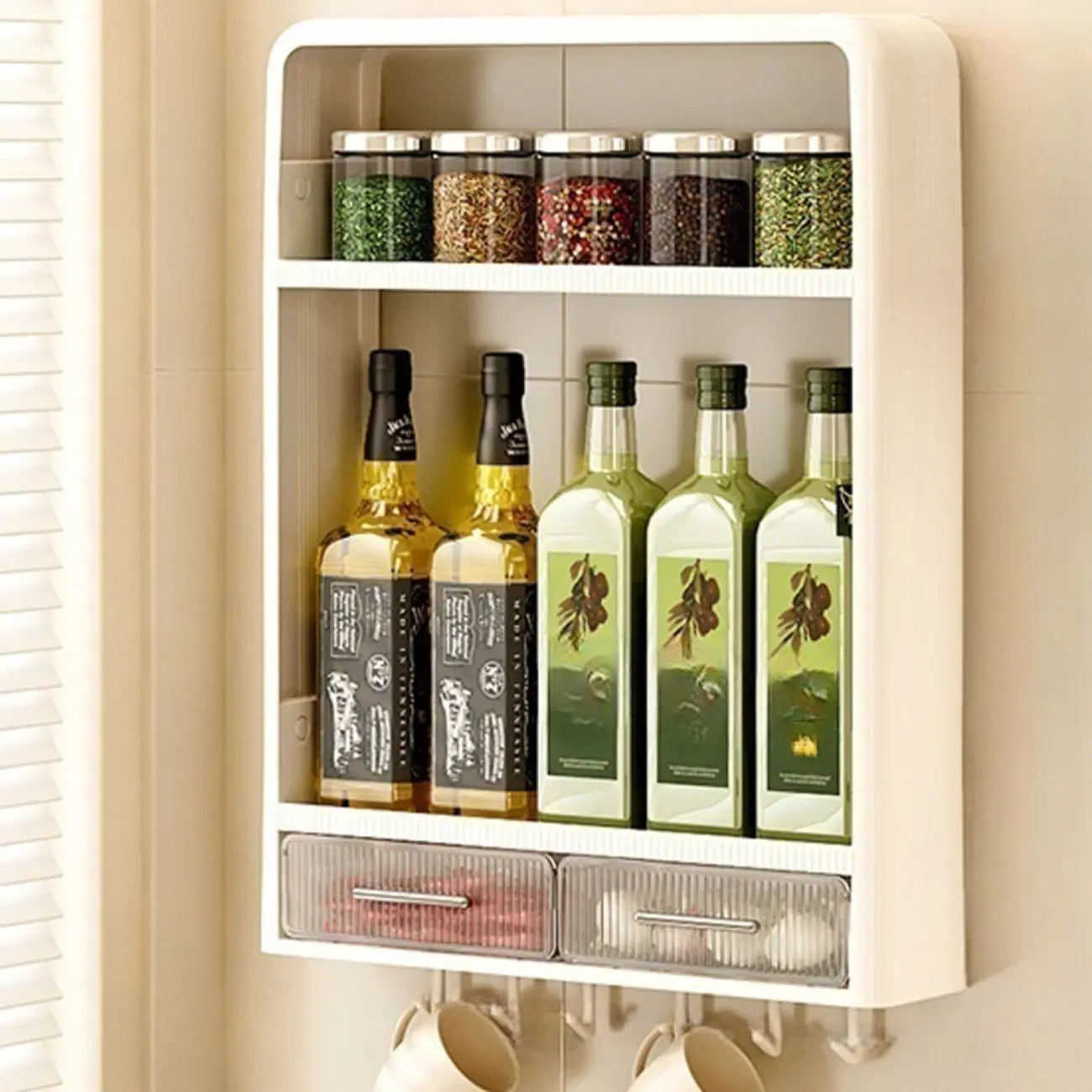 Kitchen Plastic Wall-Mounted Storage Racks with Hooks & Drawer