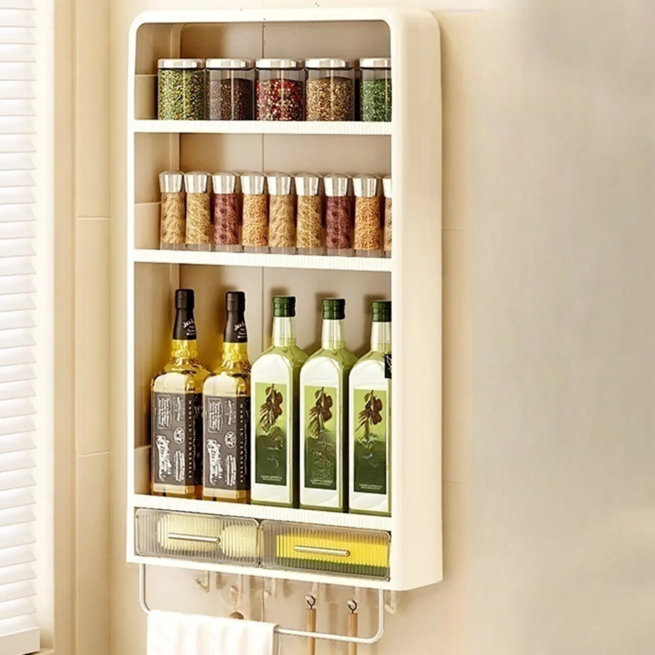 Kitchen Plastic Wall-Mounted Storage Racks with Hooks & Drawer