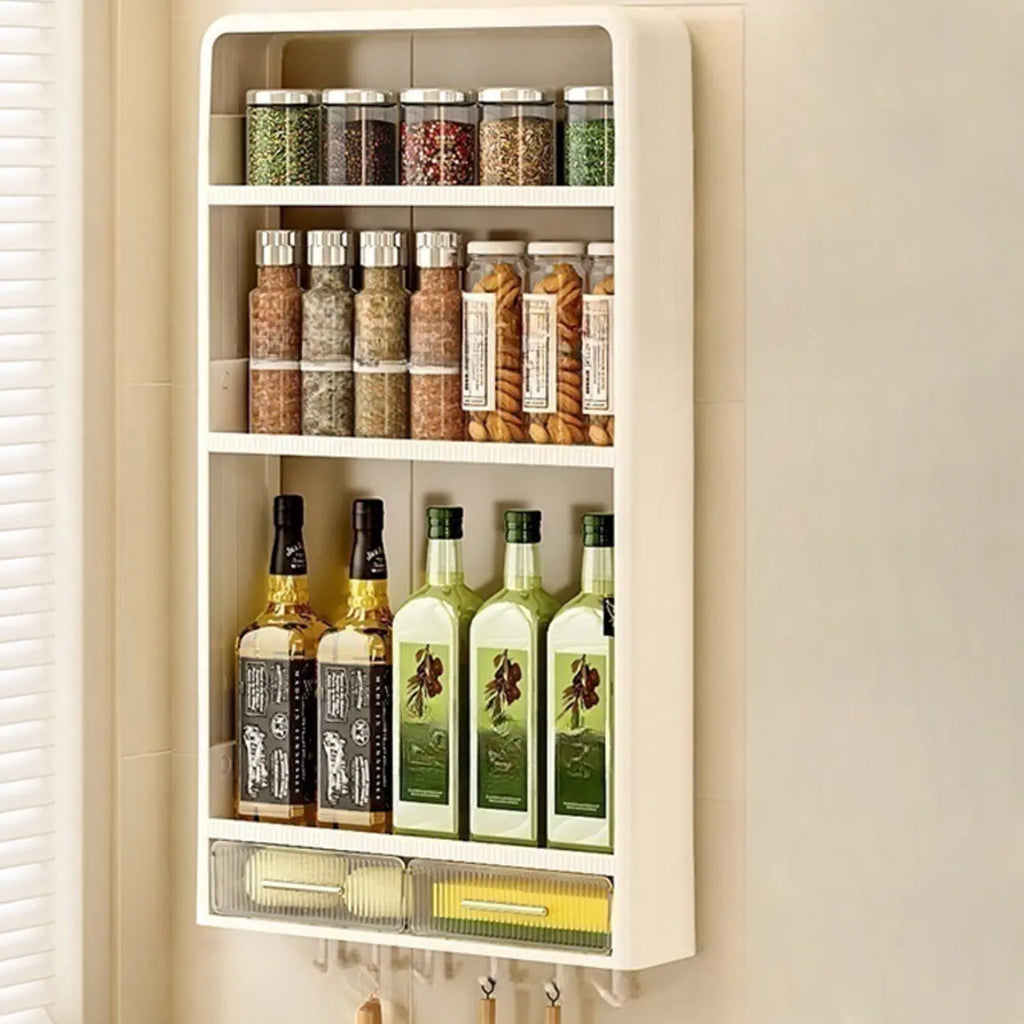Kitchen Plastic Wall-Mounted Storage Racks with Hooks & Drawer