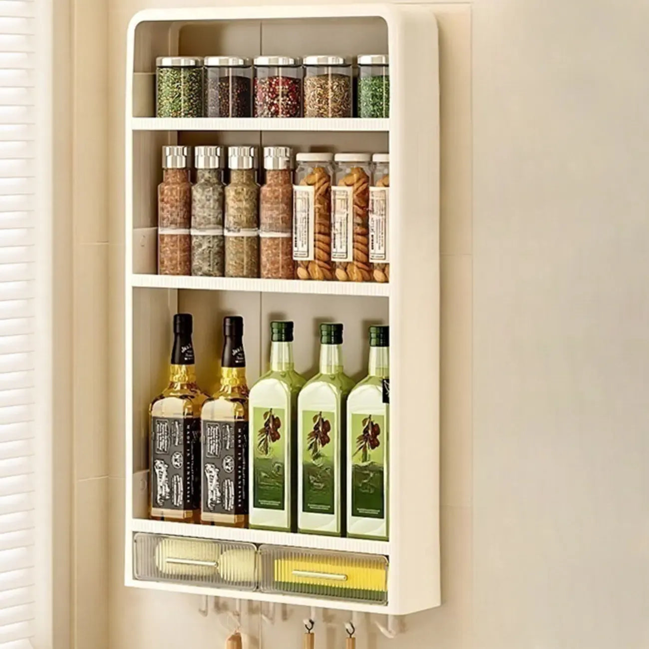 Kitchen Plastic Wall-Mounted Storage Racks with Hooks & Drawer