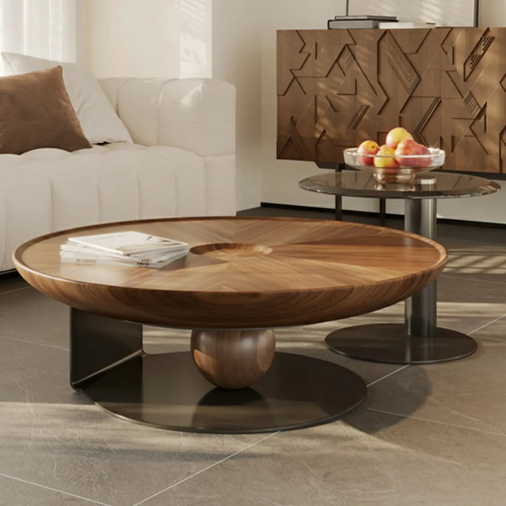 Tray Top Wood Walnut Abstract Base Round Coffee Table