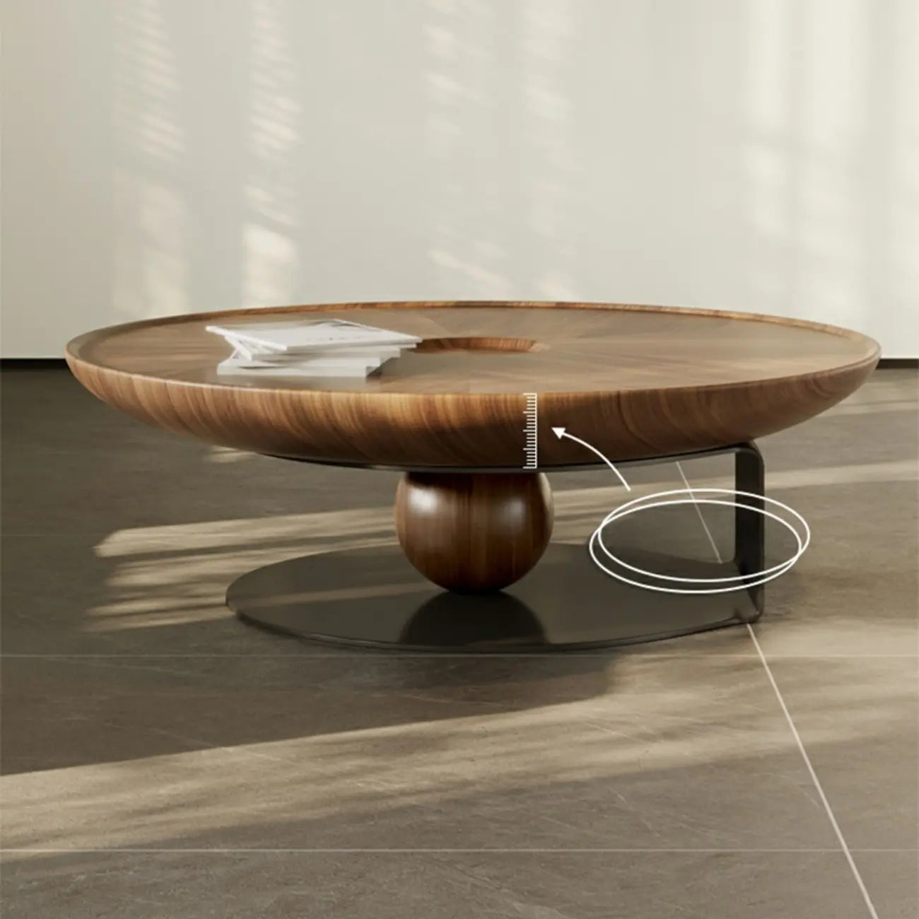 Tray Top Wood Walnut Abstract Base Round Coffee Table