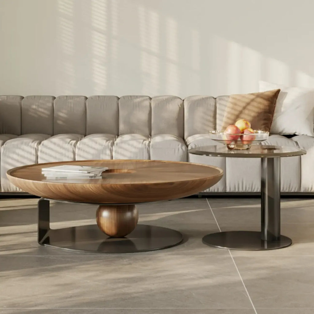 Tray Top Wood Walnut Abstract Base Round Coffee Table